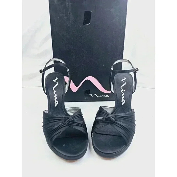 Nina Size 8.5M Women's Black Luster "Cupcake" Open Toe Ankle Strap Pumps - Picture 4 of 15